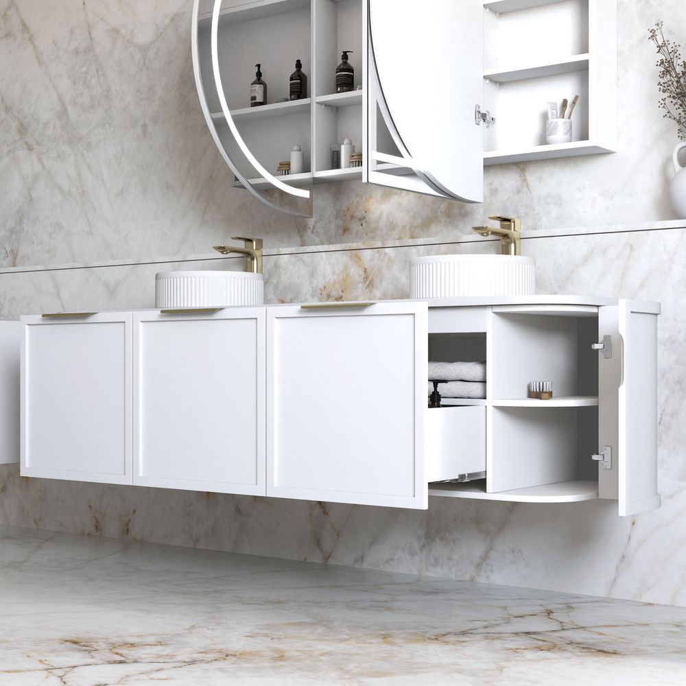Otti Hampshire 1800mm Satin White Wall Hung Double Bowl Curve Vanity