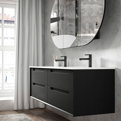 Otti Byron 1200mm Black Oak Wall Hung Vanity with Natural Carrara Marble Top and Double Bowl Undermount Basin