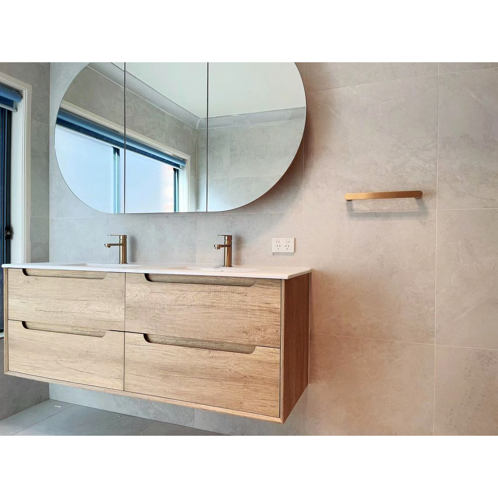 Otti Byron 1200mm Natural Oak Wall Hung Vanity with Natural Carrara Marble Top and Double Bowl Undermount Basin