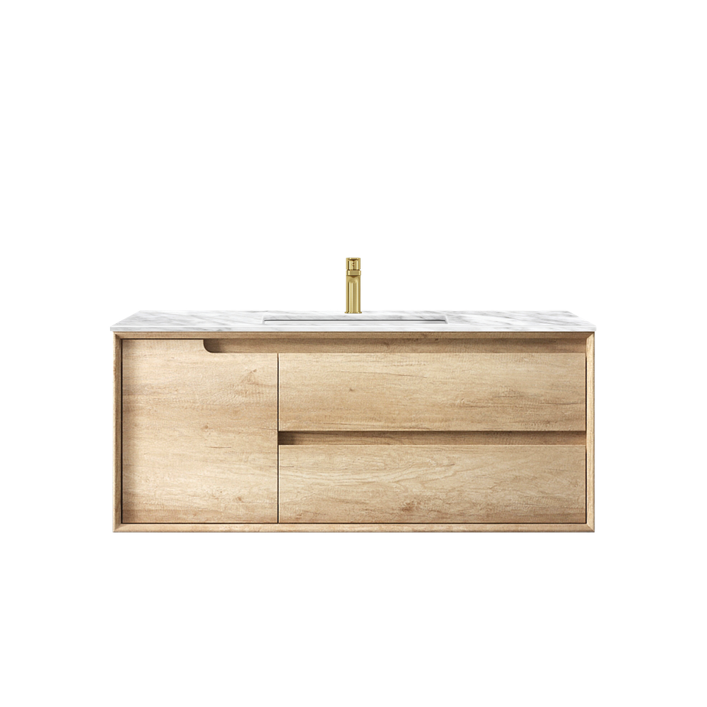 Otti Byron 1200mm Natural Oak Wall Hung Vanity with Natural Carrara Marble Top and Undermount Basin
