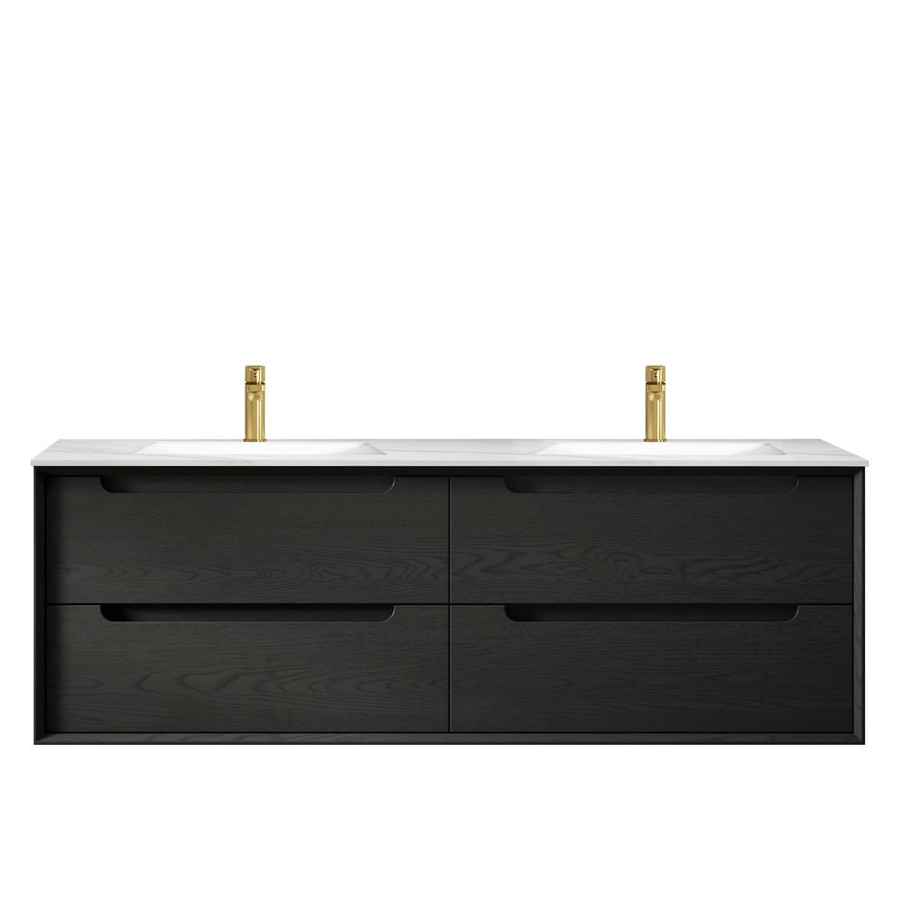 Otti Byron 1500mm Black Oak Wall Hung Vanity with Natural Carrara Marble Top and Double Bowl Undermount Basin