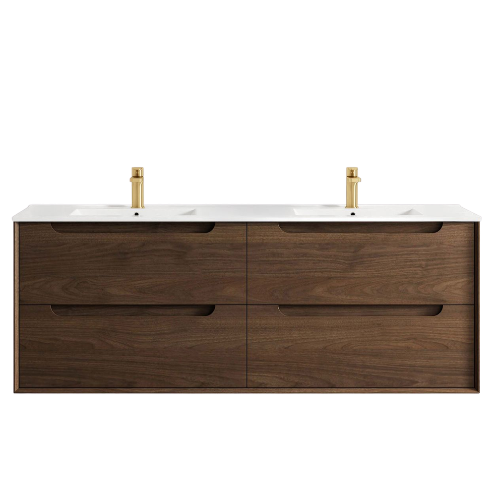 Otti Byron 1500mm Sable Walnut Wall Hung Vanity with Undermount Natural Carrara Marble Top