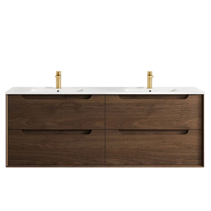 Otti Byron 1500mm Sable Walnut Wall Hung Vanity with Undermount Natural Carrara Marble Top
