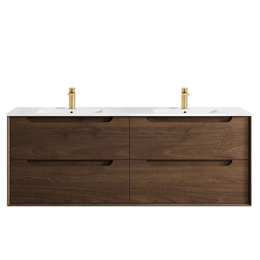 Otti Byron 1500mm Sable Walnut Wall Hung Vanity with Undermount Natural Carrara Marble Top