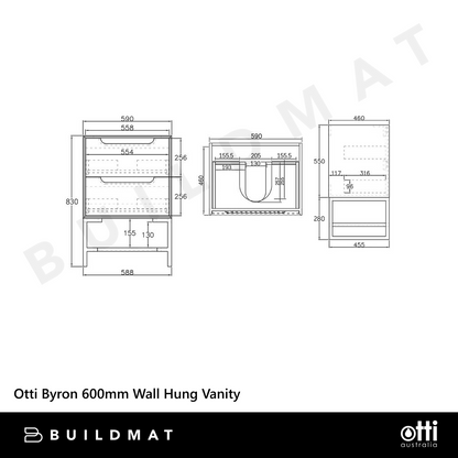 Otti Byron 600mm Sable Walnut Wall Hung Vanity with Undermount Natural Carrara Marble Top