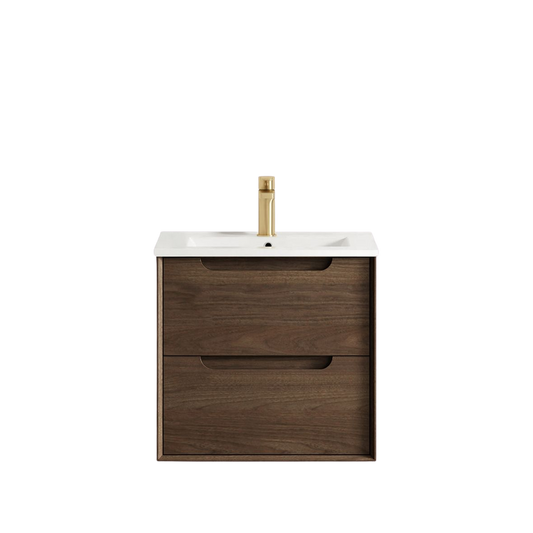 Otti Byron 600mm Sable Walnut Wall Hung Vanity with Undermount Natural Carrara Marble Top