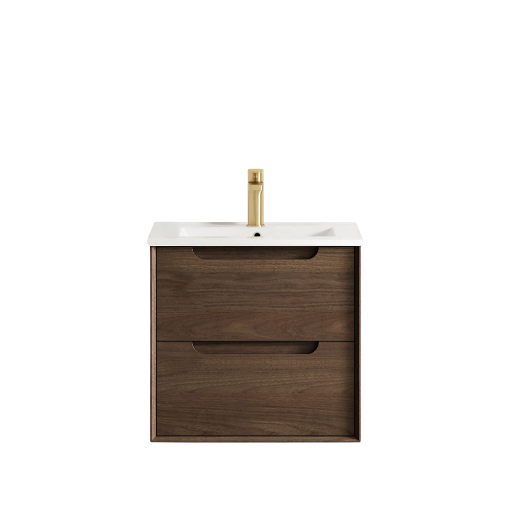 Otti Byron 600mm Sable Walnut Wall Hung Vanity with Undermount Natural Carrara Marble Top