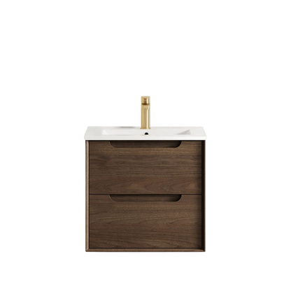 Otti Byron 600mm Sable Walnut Wall Hung Vanity with Undermount Natural Carrara Marble Top