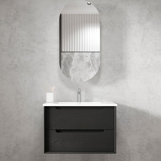 Otti Byron 750mm Black Oak Wall Hung Vanity with Natural Carrara Marble Top and Undermount Basin
