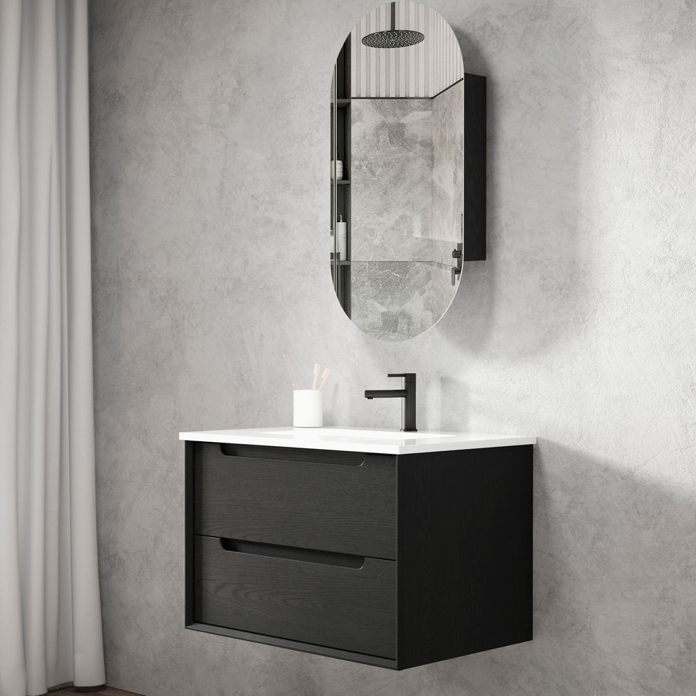 Otti Byron 750mm Black Oak Wall Hung Vanity with Natural Carrara Marble Top and Undermount Basin