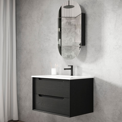 Otti Byron 750mm Black Oak Wall Hung Vanity with Natural Carrara Marble Top and Undermount Basin