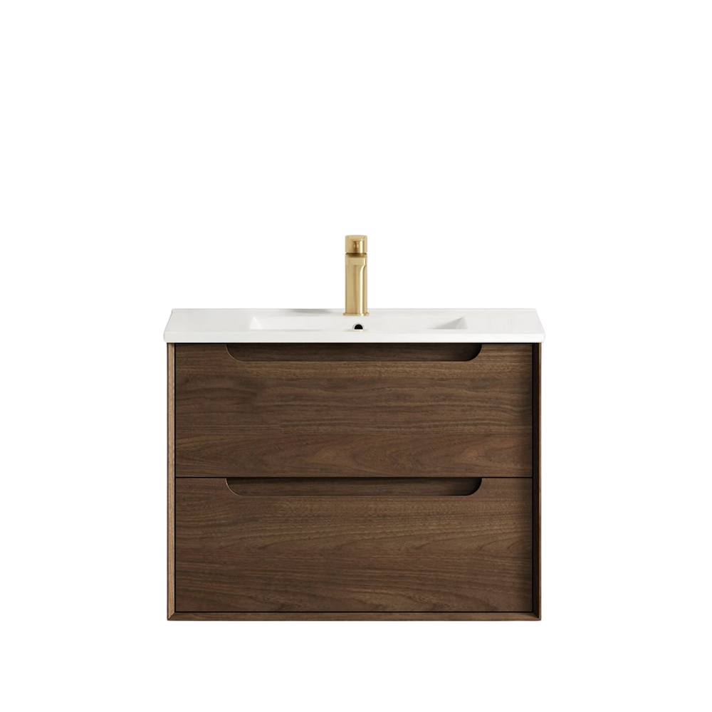 Otti Byron 750mm Sable Walnut Wall Hung Vanity with Undermount Natural Carrara Marble Top