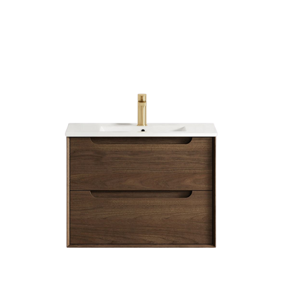 Otti Byron 750mm Sable Walnut Wall Hung Vanity with Undermount Natural Carrara Marble Top
