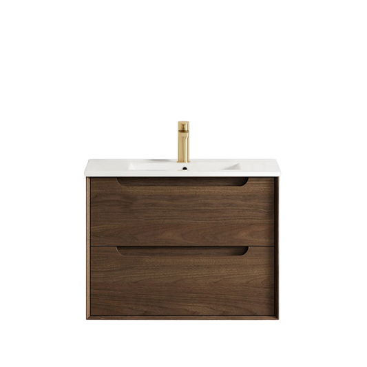 Otti Byron 750mm Sable Walnut Wall Hung Vanity with Undermount Natural Carrara Marble Top