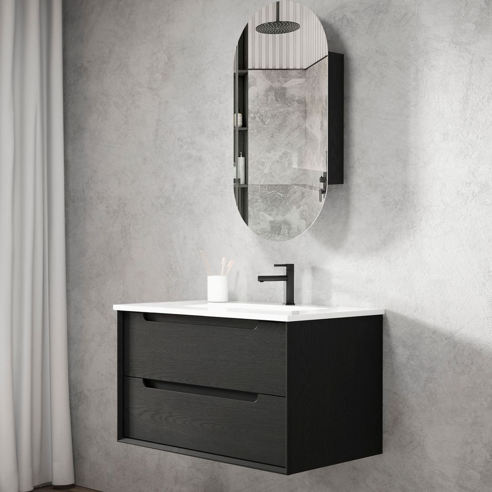 Otti Byron 900mm Black Oak Wall Hung Vanity with Natural Carrara Marble Top and Undermount Basin