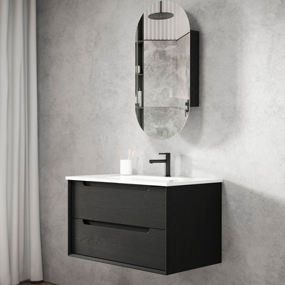 Otti Byron 900mm Black Oak Wall Hung Vanity with Natural Carrara Marble Top and Undermount Basin