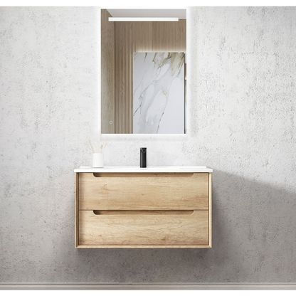 Otti Byron 900mm Natural Oak Wall Hung Vanity with Natural Carrara Marble Top and Undermount Basin
