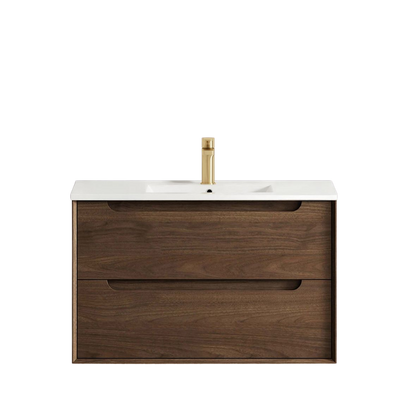 Otti Byron 900mm Sable Walnut Wall Hung Vanity with Undermount Natural Carrara Marble Top