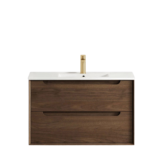 Otti Byron 900mm Sable Walnut Wall Hung Vanity with Undermount Natural Carrara Marble Top