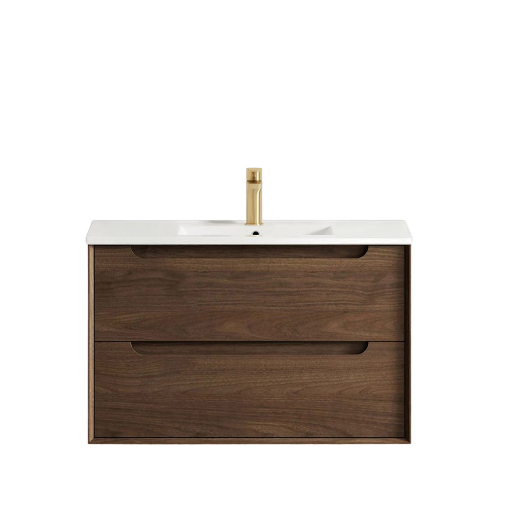 Otti Byron 900mm Sable Walnut Wall Hung Vanity with Undermount Natural Carrara Marble Top
