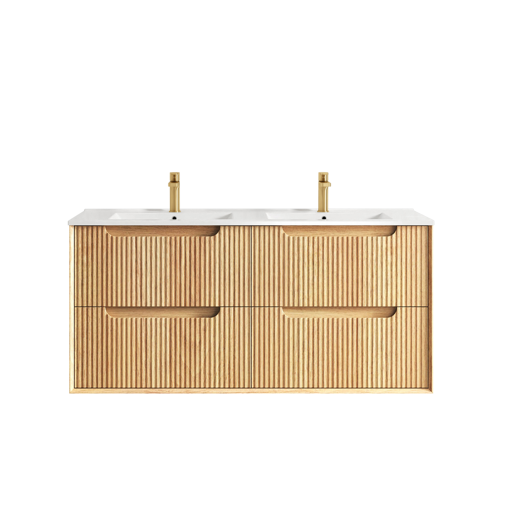 Otti Byron Fluted 1200mm Woodland Oak Wall Hung Vanity with Four Drawers and Natural Carrara Top and Undermount Basin