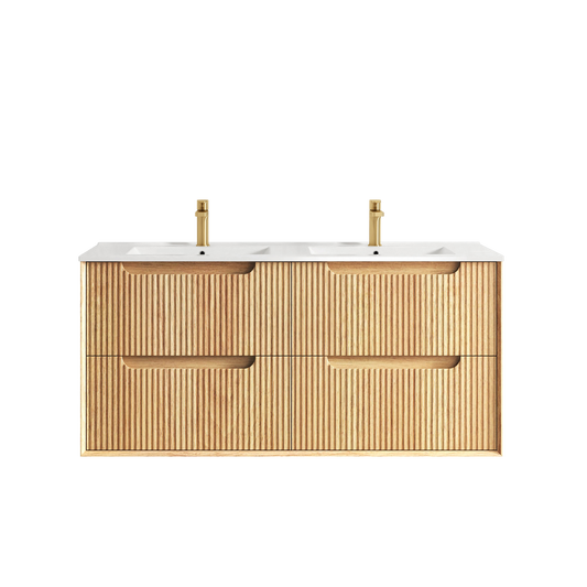 Otti Byron Fluted 1200mm Woodland Oak Wall Hung Vanity with Four Drawers and Natural Carrara Top and Undermount Basin