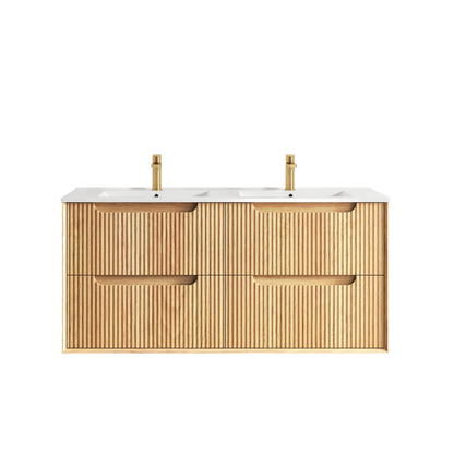 Otti Byron Fluted 1200mm Woodland Oak Wall Hung Vanity with Four Drawers and Natural Carrara Top and Undermount Basin