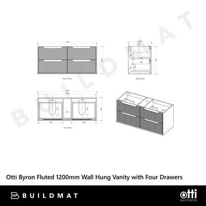 Otti Byron Fluted 1200mm Woodland Oak Wall Hung Vanity with Four Drawers and Natural Carrara Top and Undermount Basin