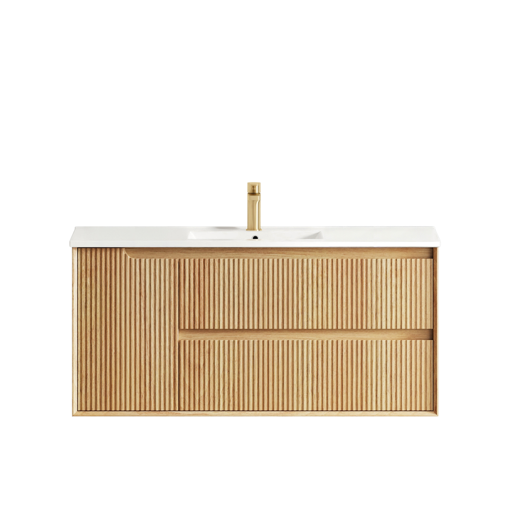 Otti Byron Fluted 1200mm Woodland Oak Wall Hung Vanity with Natural Carrara Top and Undermount Basin