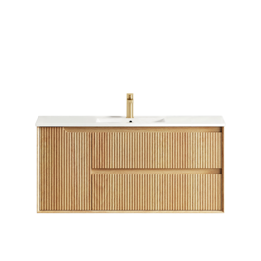 Otti Byron Fluted 1200mm Woodland Oak Wall Hung Vanity with Natural Carrara Top and Undermount Basin