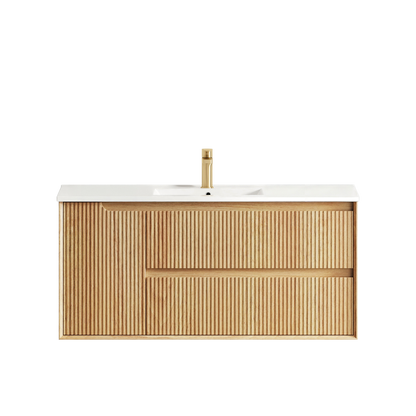 Otti Byron Fluted 1200mm Woodland Oak Wall Hung Vanity with Natural Carrara Top and Undermount Basin