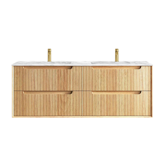 Otti Byron Fluted 1500mm Woodland Oak Wall Hung Vanity with Natural Carrara Top and Undermount Basin