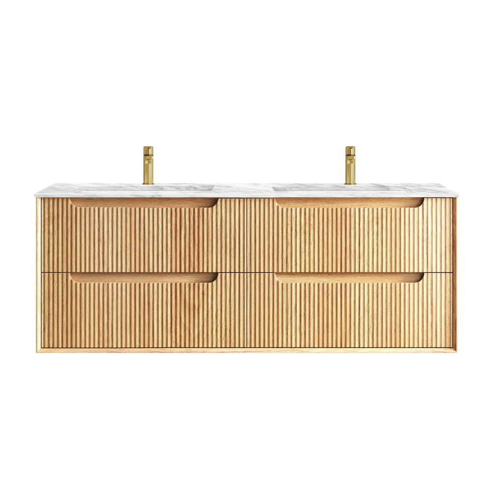Otti Byron Fluted 1500mm Woodland Oak Wall Hung Vanity with Natural Carrara Top and Undermount Basin