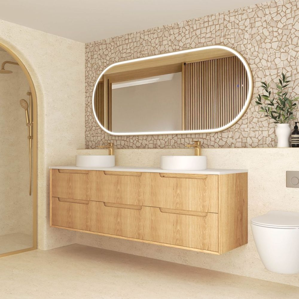 Otti Byron Fluted 1800mm Woodland Oak Wall Hung Vanity with Natural Carrara Top and Undermount Basin