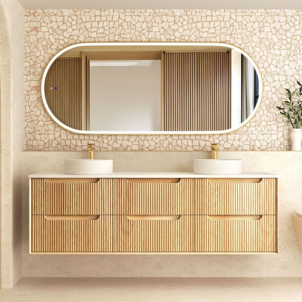 Otti Byron Fluted 1800mm Woodland Oak Wall Hung Vanity with Natural Carrara Top and Undermount Basin