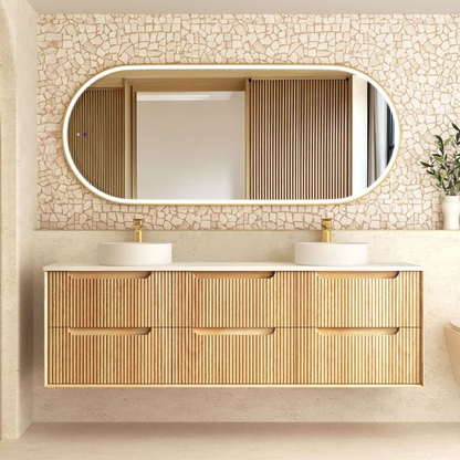 Otti Byron Fluted 1800mm Woodland Oak Wall Hung Vanity with Natural Carrara Top and Undermount Basin