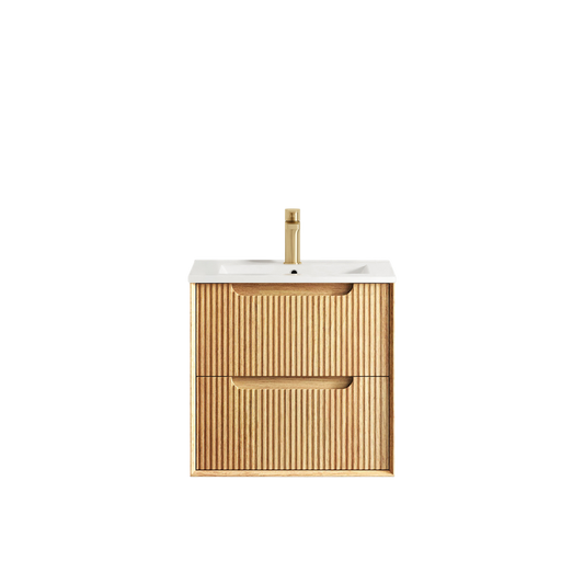 Otti Byron Fluted 600mm Woodland Oak Wall Hung Vanity with Natural Carrara Top and Undermount Basin