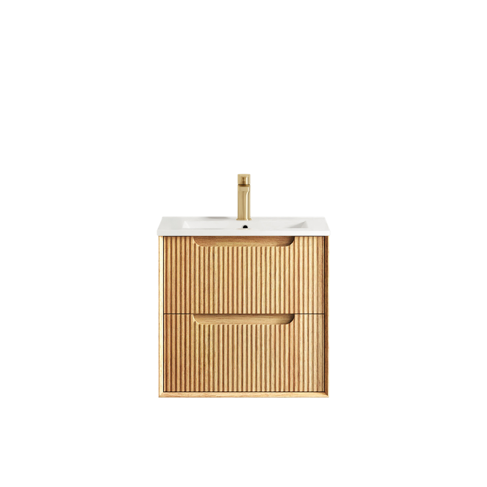 Otti Byron Fluted 600mm Woodland Oak Wall Hung Vanity with Natural Carrara Top and Undermount Basin