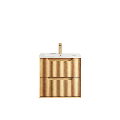 Otti Byron Fluted 600mm Woodland Oak Wall Hung Vanity with Natural Carrara Top and Undermount Basin
