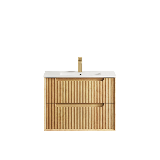 Otti Byron Fluted 750mm Woodland Oak Wall Hung Vanity with Natural Carrara Top and Undermount Basin