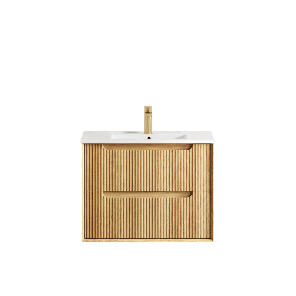 Otti Byron Fluted 750mm Woodland Oak Wall Hung Vanity with Natural Carrara Top and Undermount Basin