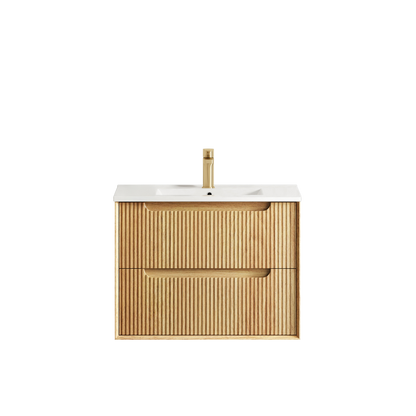 Otti Byron Fluted 750mm Woodland Oak Wall Hung Vanity with Natural Carrara Top and Undermount Basin
