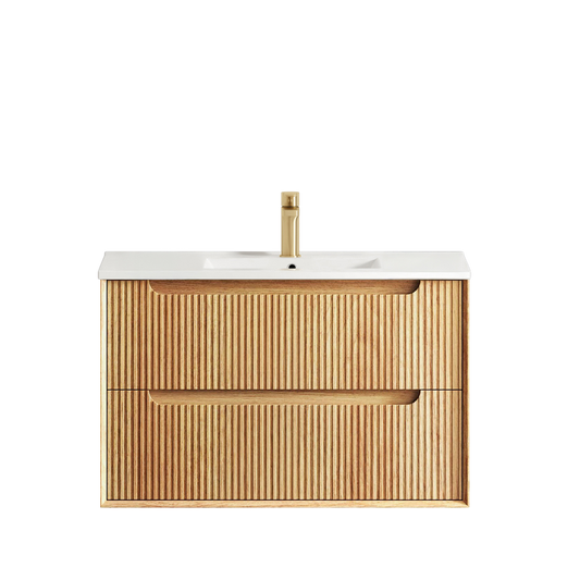Otti Byron Fluted 900mm Woodland Oak Wall Hung Vanity with Natural Carrara Top and Undermount Basin