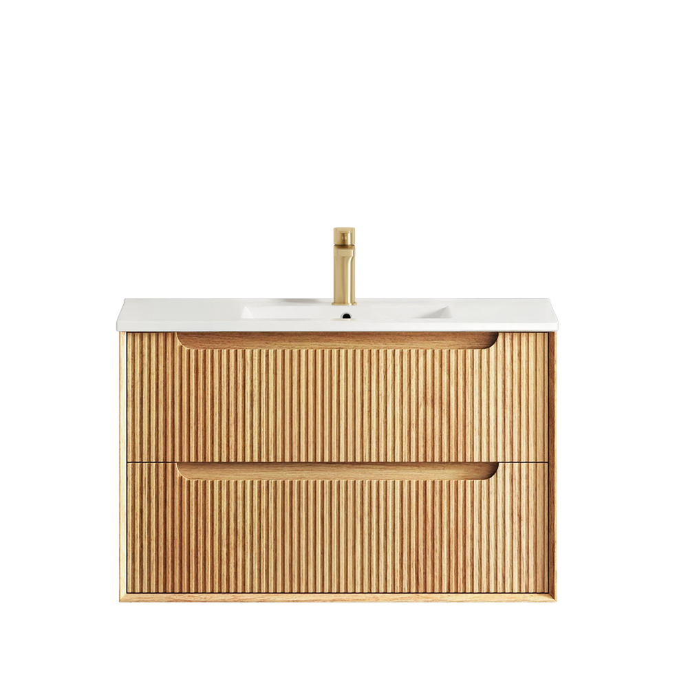 Otti Byron Fluted 900mm Woodland Oak Wall Hung Vanity with Natural Carrara Top and Undermount Basin