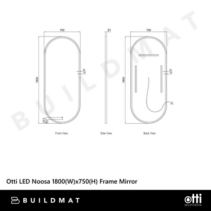 Otti LED Noosa 1800mm Black Metal Frame Mirror Install Horizontal or Vertical