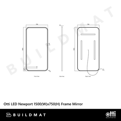 Otti LED Newport 1500mm Black Metal Frame Mirror Install Horizontal or Vertical