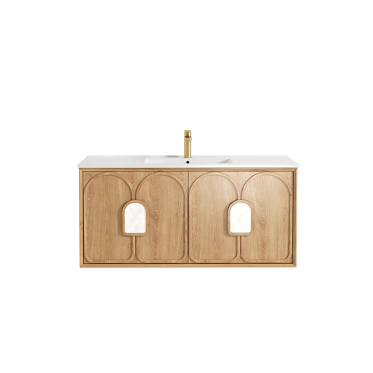 Otti Laguna Mark II 1200mm Woodland Oak Wall Hung Vanity with Natural Carrara Top and Undermount Basin