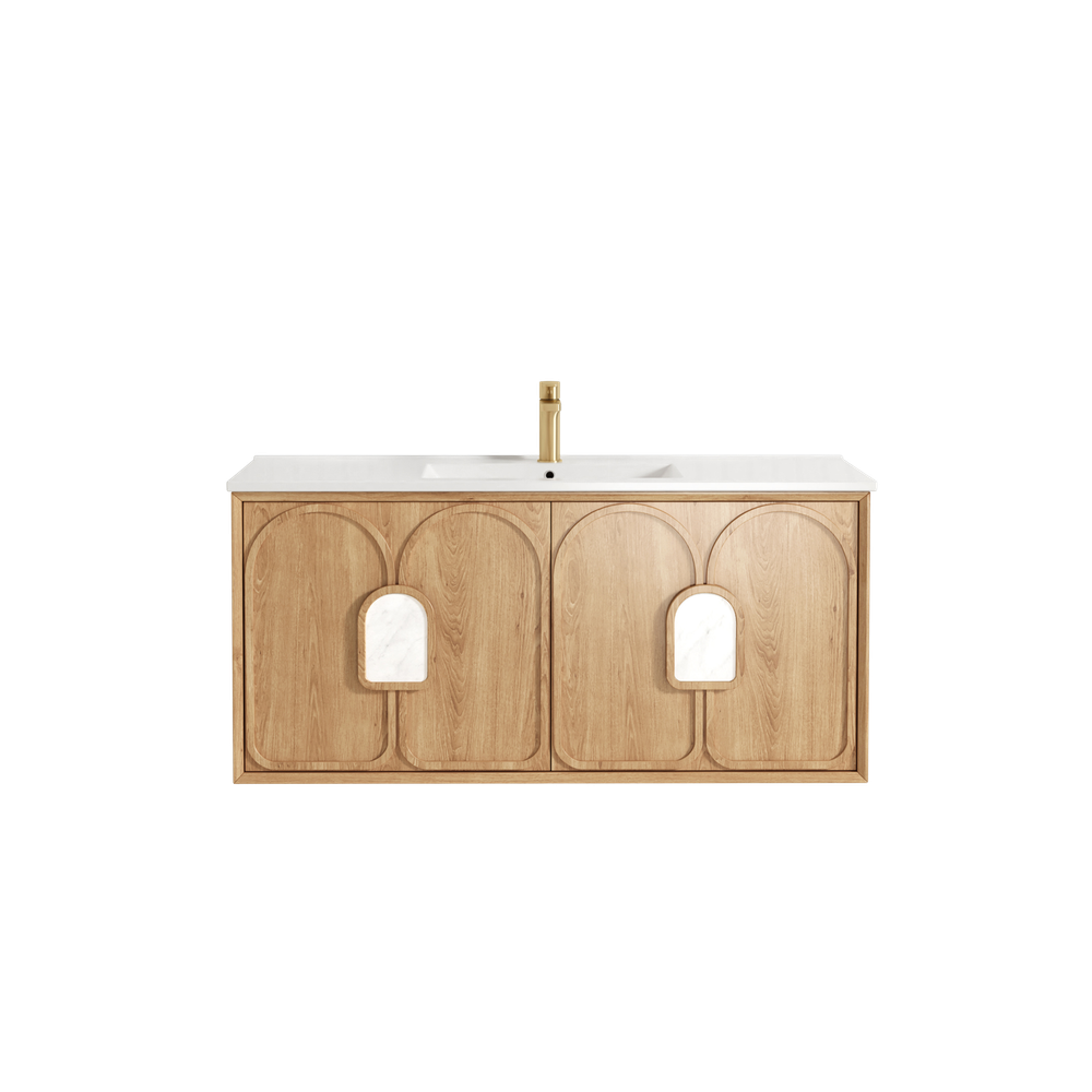 Otti Laguna Mark II 1200mm Woodland Oak Wall Hung Vanity with Natural Carrara Top and Undermount Basin