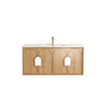 Otti Laguna Mark II 1200mm Woodland Oak Wall Hung Vanity with Natural Carrara Top and Undermount Basin