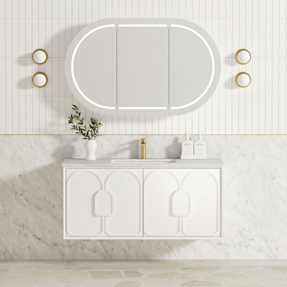 Otti Laguna Mark II 1200mm Matte White Wall Hung Vanity with Natural Carrara Top and Undermount Basin